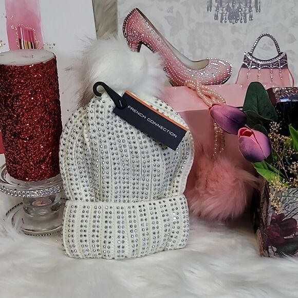 790  FRENCH CONNECTION Faux Fur  Embellished Beanie Pom Pom NWT - Picture 1 of 6